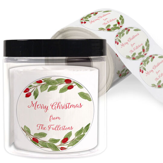 Winter Berries Round Holiday Gift Stickers in a Jar